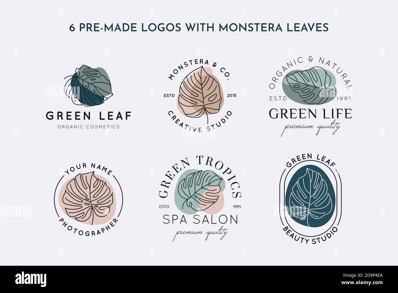 Collection de modèle de conception de logo de feuille de Monstera dans un style linéaire simple minimal. Emblème tropical exotique vectoriel avec feuilles et formes abstraites pour Bea Illustration de Vecteur