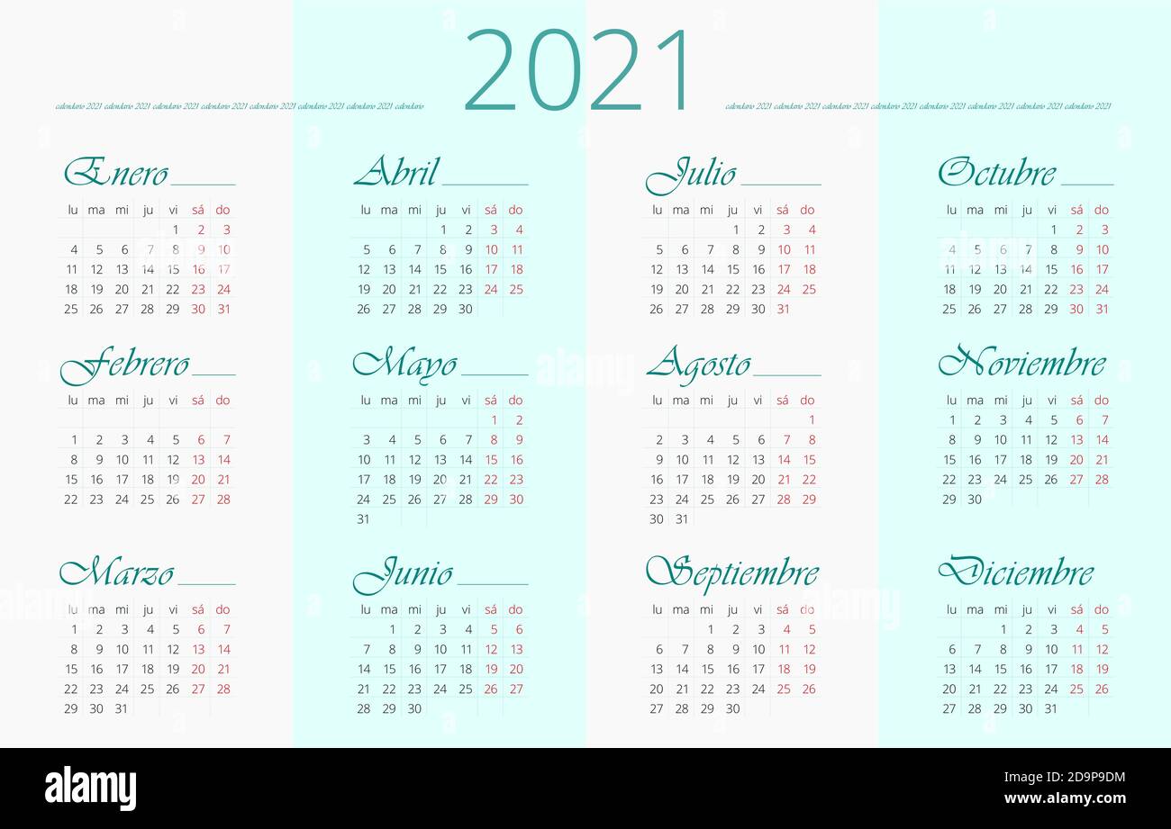 Modèle de calendrier 2021 espagnol. 12 mois. Horizontale Illustration de Vecteur