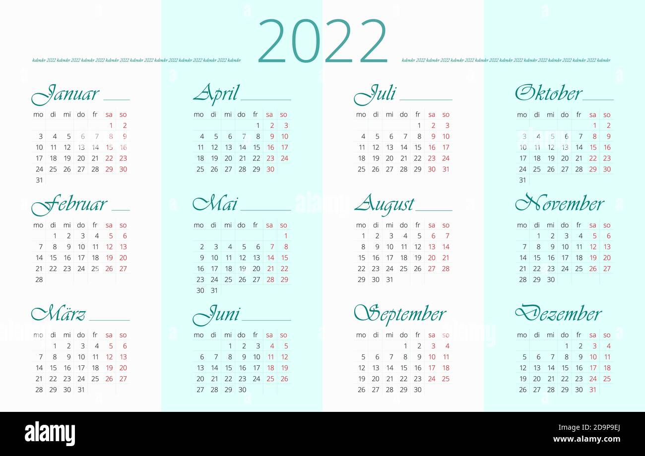 2022 modèle de calendrier en allemand. 12 mois. Conception horizontale simple et propre Illustration de Vecteur