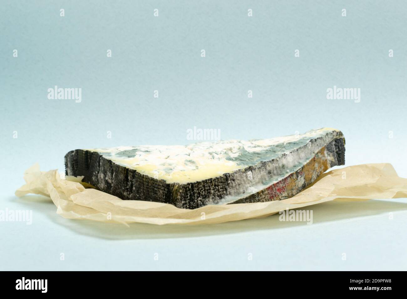 Plusieurs morceaux de fromage gâtés dans un emballage blanc sur fond bleu. Concept de déchets alimentaires. Orientation horizontale. Copier l'espace. Banque D'Images