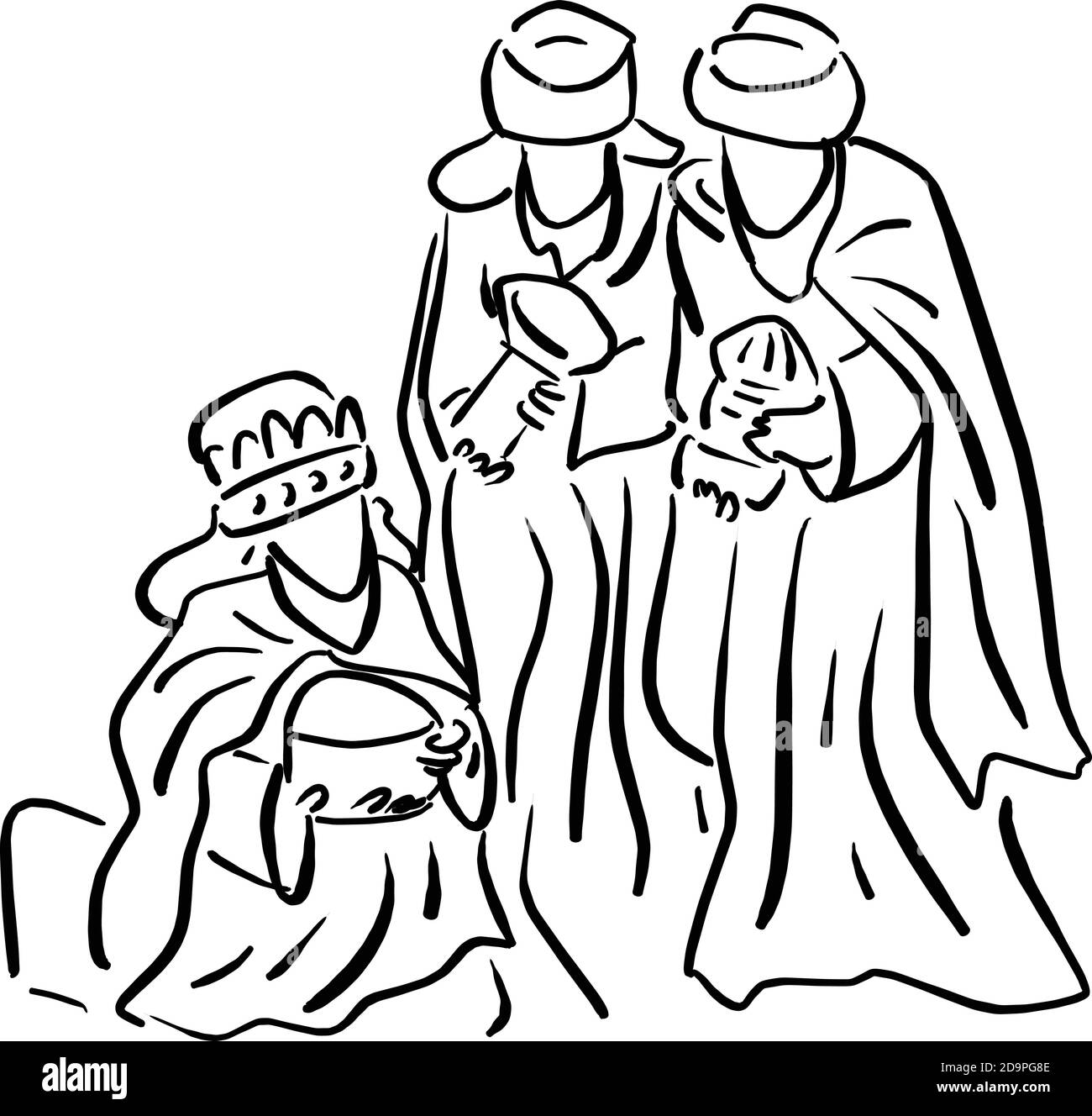 Trois hommes sages apportant des cadeaux à Jésus esquisse d'illustration de vecteur doodle dessiné à la main avec des lignes noires isolées sur fond blanc Illustration de Vecteur