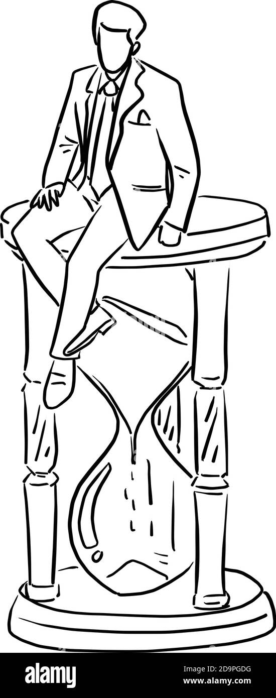 homme d'affaires assis sur grand hourglass vecteur illustration esquisse de la main de doodle tracé avec des lignes noires isolées sur fond blanc Illustration de Vecteur