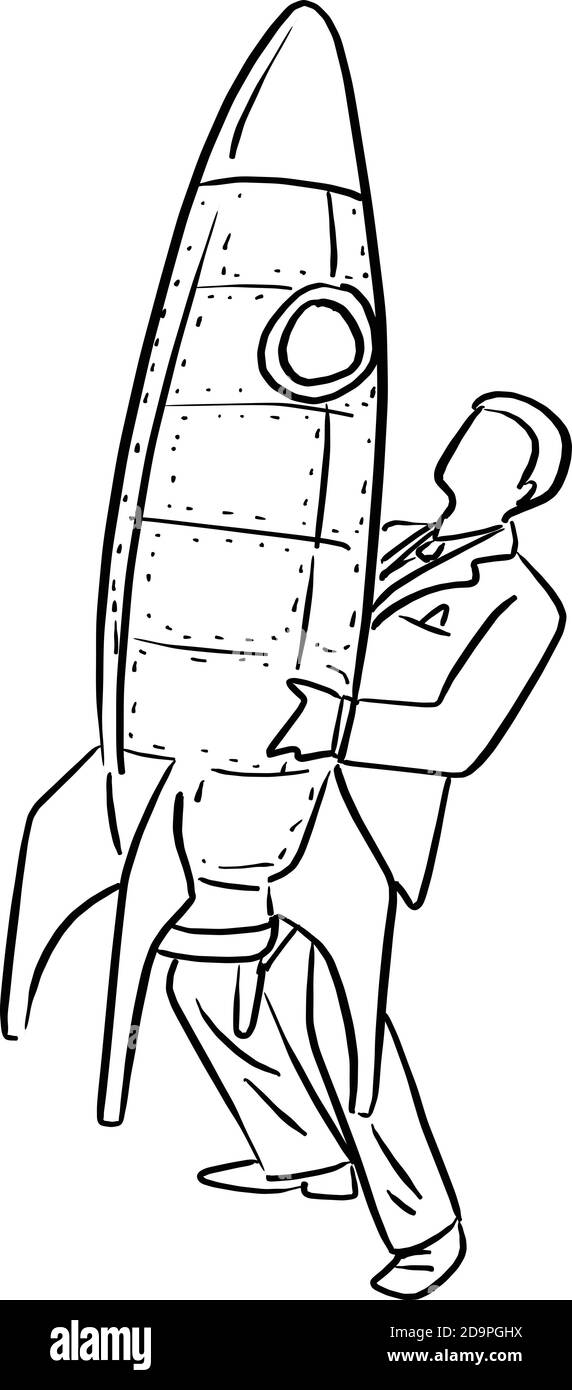 homme d'affaires tenant le grand vecteur de fusée illustration esquisse doodle dessiné à la main avec des lignes noires isolées sur fond blanc. Concept métier de démarrage. Illustration de Vecteur