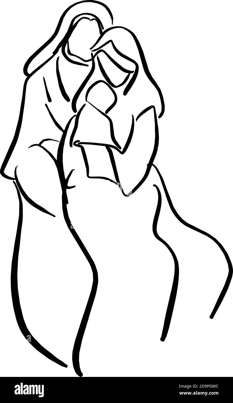 Nativité scène du bébé Jésus en mangeur avec Marie et Joseph vector illustration esquisse doodle main dessiné avec des lignes noires isolé sur fond blanc Illustration de Vecteur