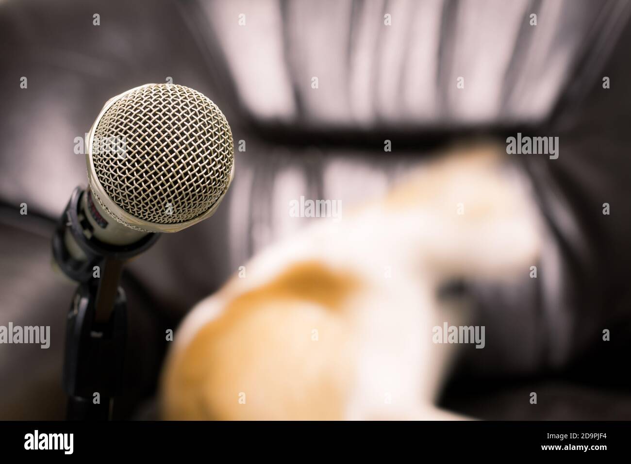 microphone sur l'arrière-plan de chat flou sur canapé noir. mise au point douce .faible profondeur de champ. Style vintage et processus filtré. Banque D'Images
