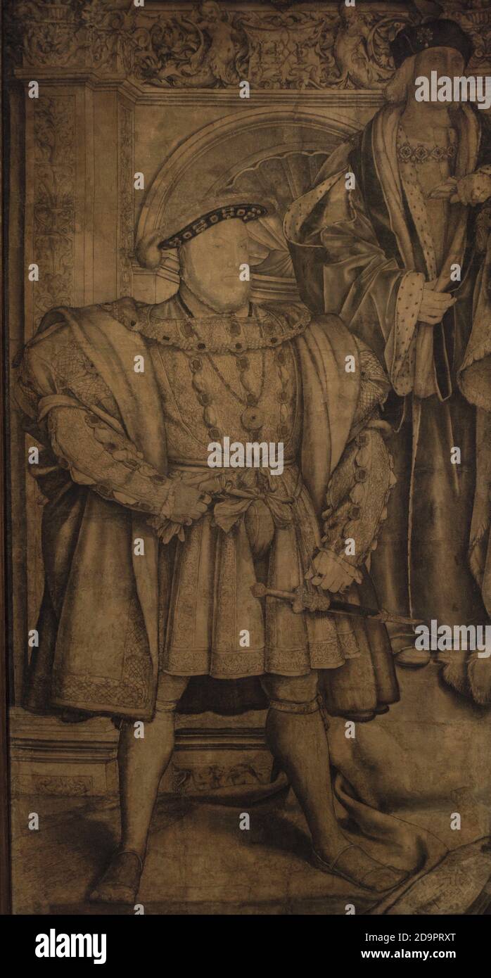 Le roi Henri VIII (1491-1547) et son père le roi Henri VII (1457-1509). Dessin préparatoire de la peinture murale du palais Whitehall par le peintre Hans Holbein le plus jeune (1497/1498-1543). Cette peinture a été détruite dans l'incendie du Palais Whitehall de 1698, ne survivant que le dessin préparatoire. Encre et aquarelle sur papier, c. 1536-1537. Galerie nationale de portraits. Londres, Angleterre, Royaume-Uni. Banque D'Images