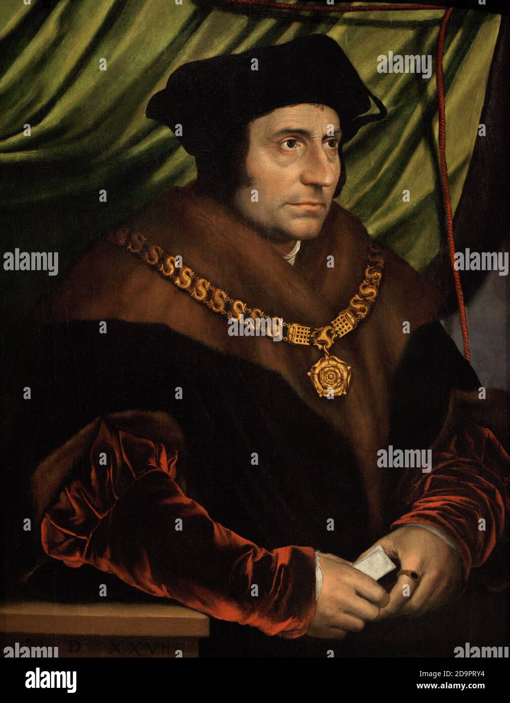 Sir Thomas More (1478-1535). Humaniste anglais et philosophe social. Chancelier d'Angleterre (1529-1532). Il s'est opposé au divorce du roi de Katherine d'Aragon, refusant de prendre le serment de suprématie, qui a reconnu Henry comme chef de l'Église d'Angleterre. Il a été exécuté pour trahison à Tower Hill, à Londres, le 6 juillet 1535. Portrait d'un artiste inconnu d'après Hans Holbein le plus jeune. Huile sur panneau, début du XVIIe siècle (après un portrait de 1527). Galerie nationale de portraits. Londres, Angleterre, Royaume-Uni. Banque D'Images