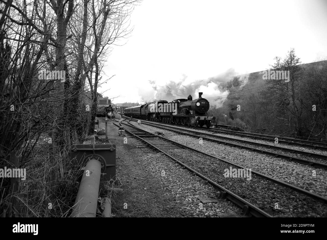 '30053' se trouve dans la cour des marchandises au château de Corfe, en tant que '30120' et 'Manston' double tête à travers la gare. Banque D'Images '30053' se trouve dans la cour des marchandises au château de Corfe, en tant que '30120' et 'Manston' double tête à travers la gare. Banque D'Images
