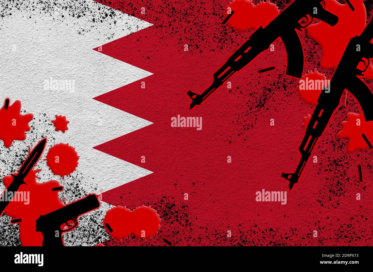 Le drapeau de Bahreïn et les armes à feu dans le sang rouge. Concept d'attaque terroriste et d'opérations militaires. Trafic d'armes Banque D'Images