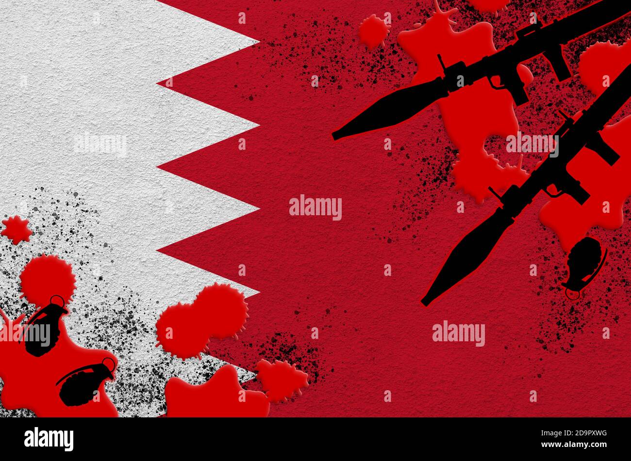 Drapeau de Bahreïn et lance-roquettes avec grenades dans le sang. Concept d'attaque terroriste et d'opérations militaires. Trafic d'armes Banque D'Images