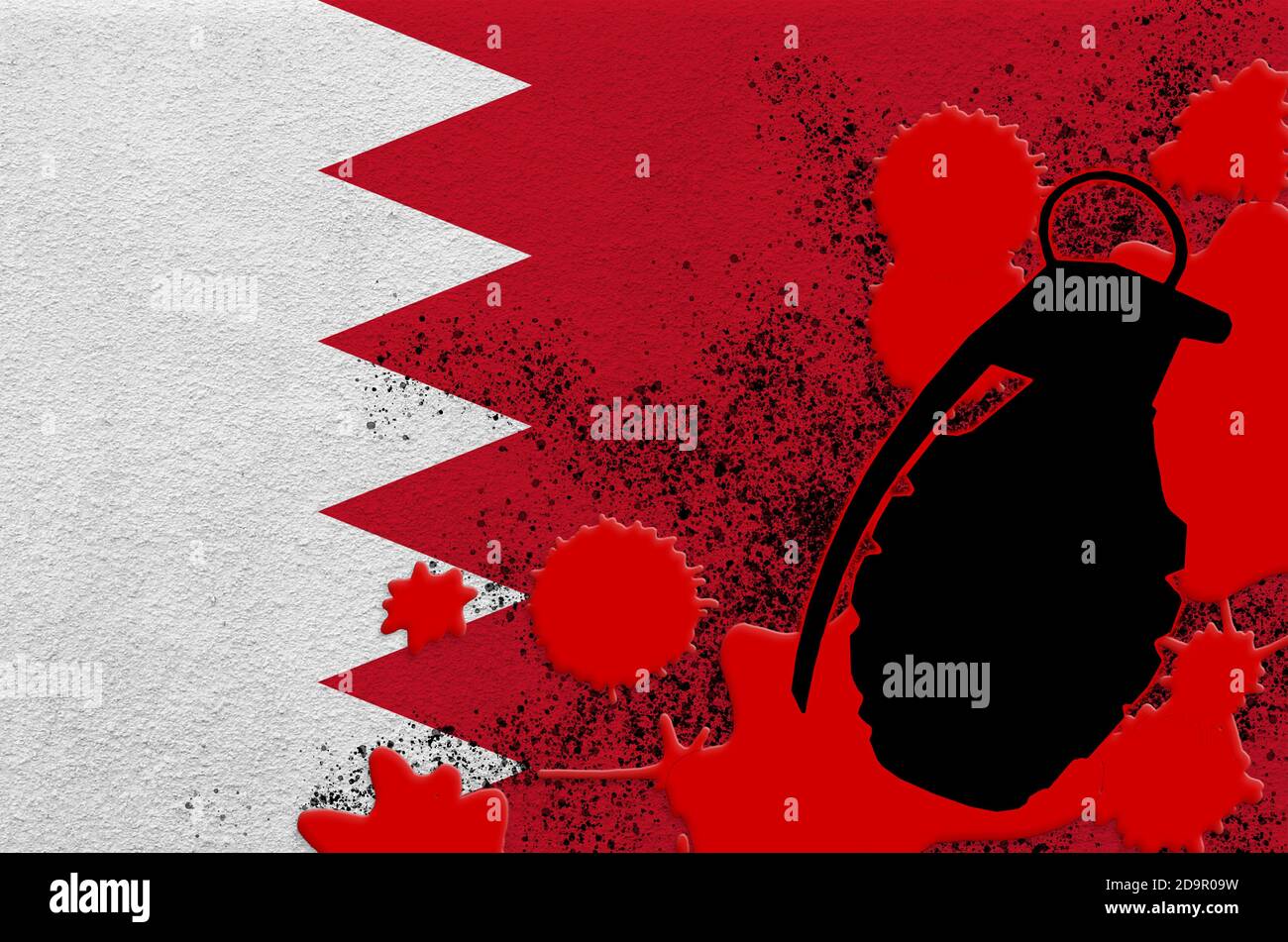 Drapeau de Bahreïn et grenade à frag MK2 dans du sang rouge. Concept d'attaque terroriste ou d'opérations militaires avec un résultat mortel. Arme projectile dangereuse usag Banque D'Images