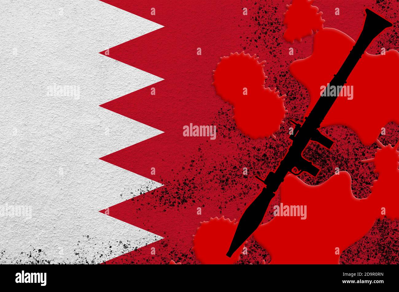 Drapeau du Bahreïn et lance-grenade noir RPG-7 propulsé par une fusée de sang rouge. Concept d'attaque terroriste ou d'opérations militaires avec un résultat mortel. DaN Banque D'Images