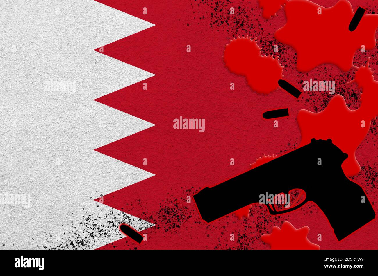 Drapeau de Bahreïn et arme à feu noire dans le sang rouge. Concept d'attaque terroriste ou d'opérations militaires avec un résultat mortel. Utilisation dangereuse d'un pistolet à main Banque D'Images