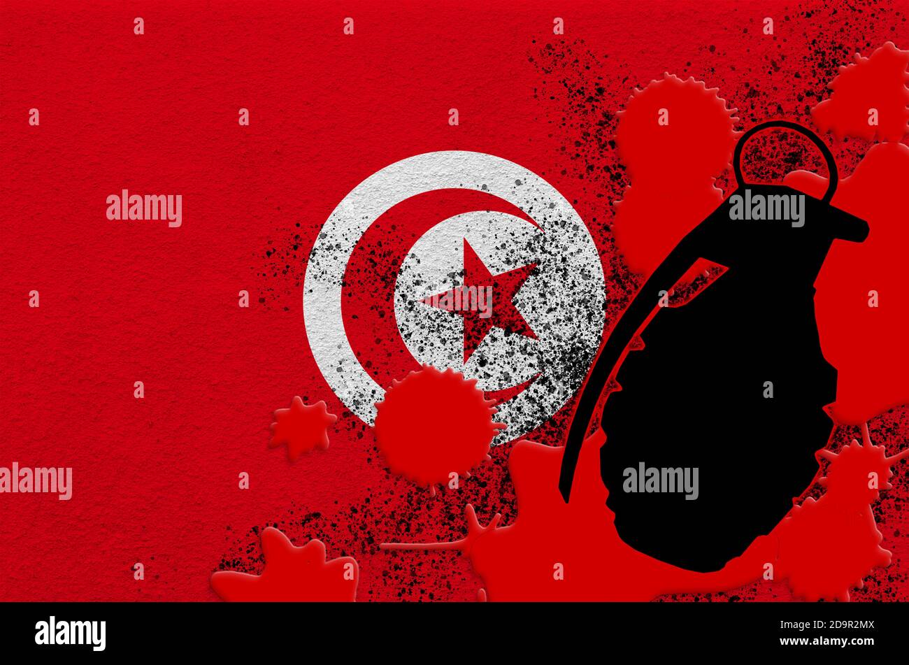 Drapeau tunisien et grenade à scories MK2 dans du sang rouge. Concept d'attaque terroriste ou d'opérations militaires avec un résultat mortel. Arme projectile dangereuse usag Banque D'Images