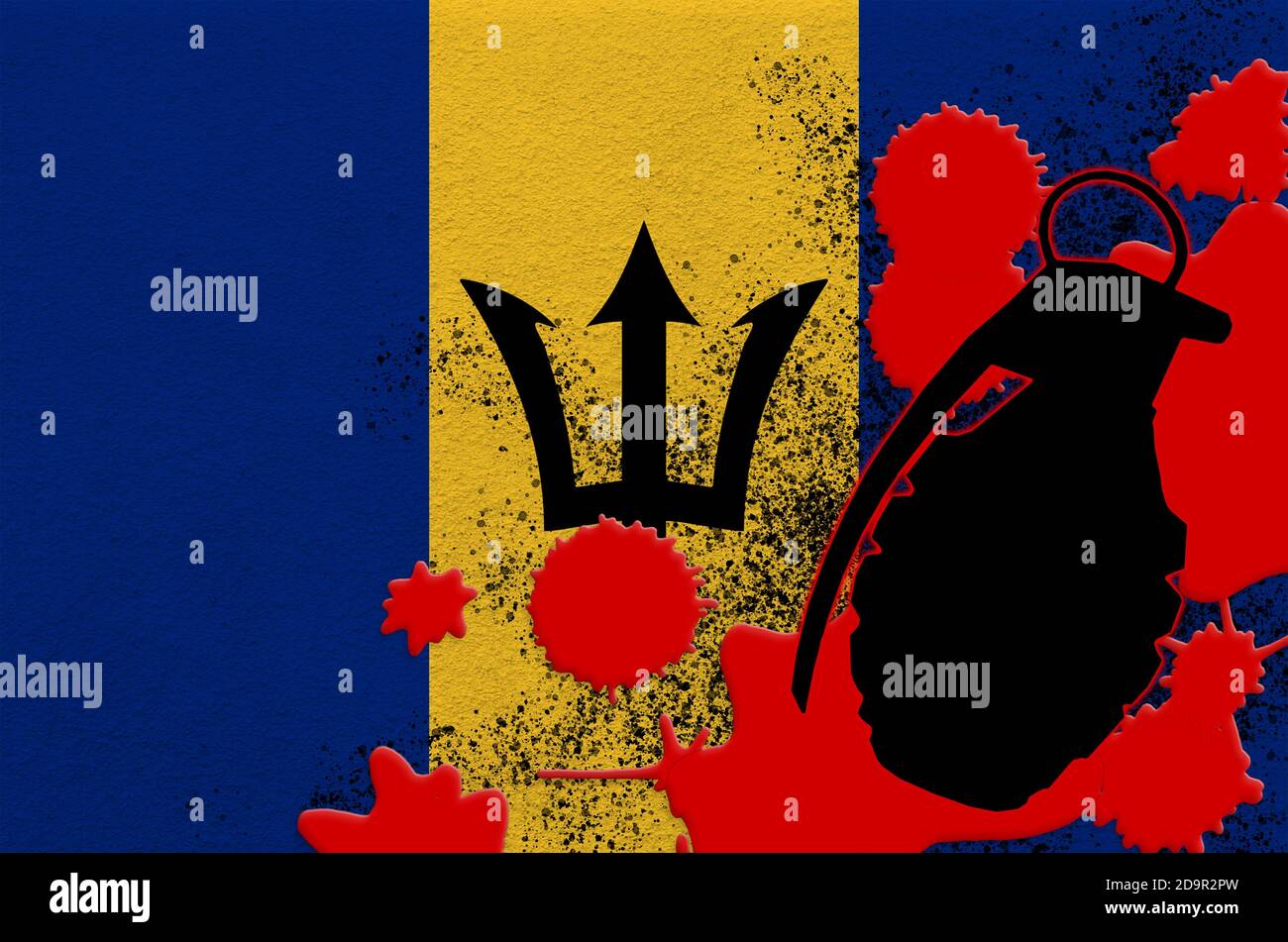 Drapeau de la Barbade et grenade à scories MK2 dans du sang rouge. Concept d'attaque terroriste ou d'opérations militaires avec un résultat mortel. Arme dangereuse projectile usa Banque D'Images