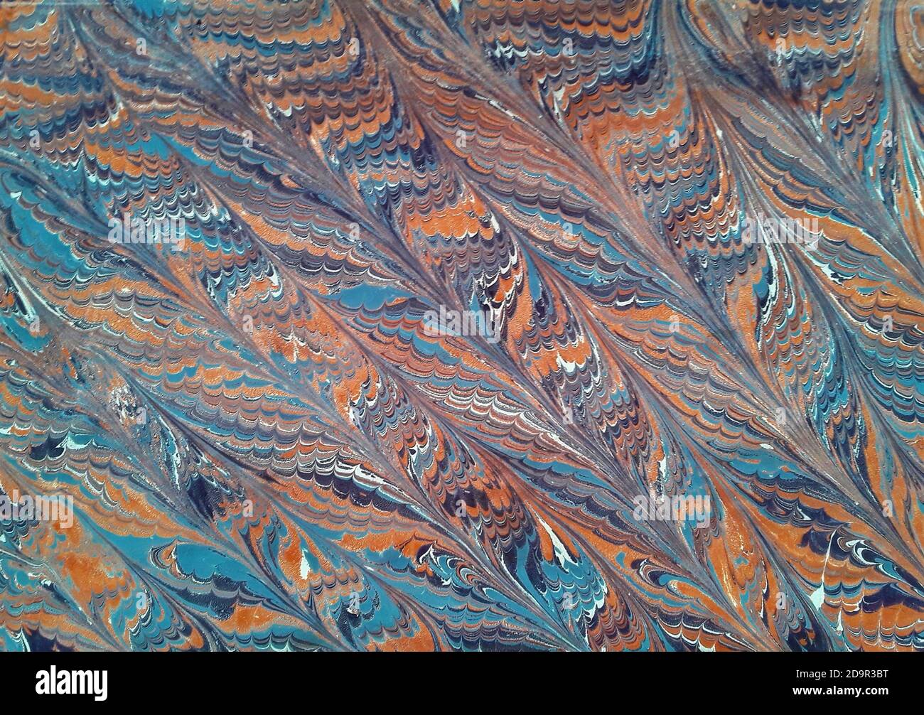 Illustration abstraite en bleu, orange et blanc. Art traditionnel turc Ebru peint par le photographe. Banque D'Images