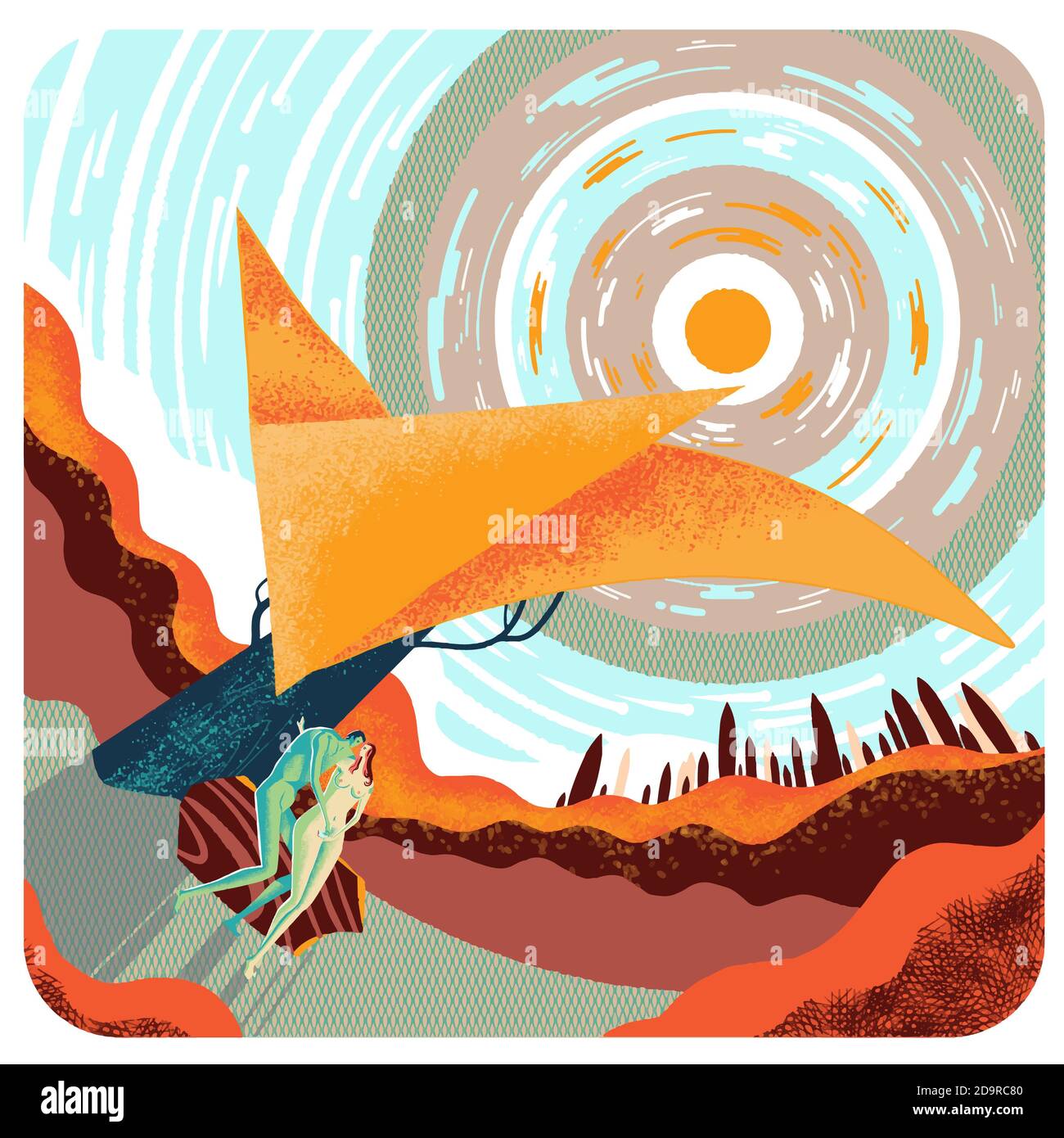 Illustration conceptuelle - valeurs du monde moderne. Histoire de la Bible - Adam et Eve sous un arbre tenant un smartphone, par temps clair, minimalistes landsca Banque D'Images