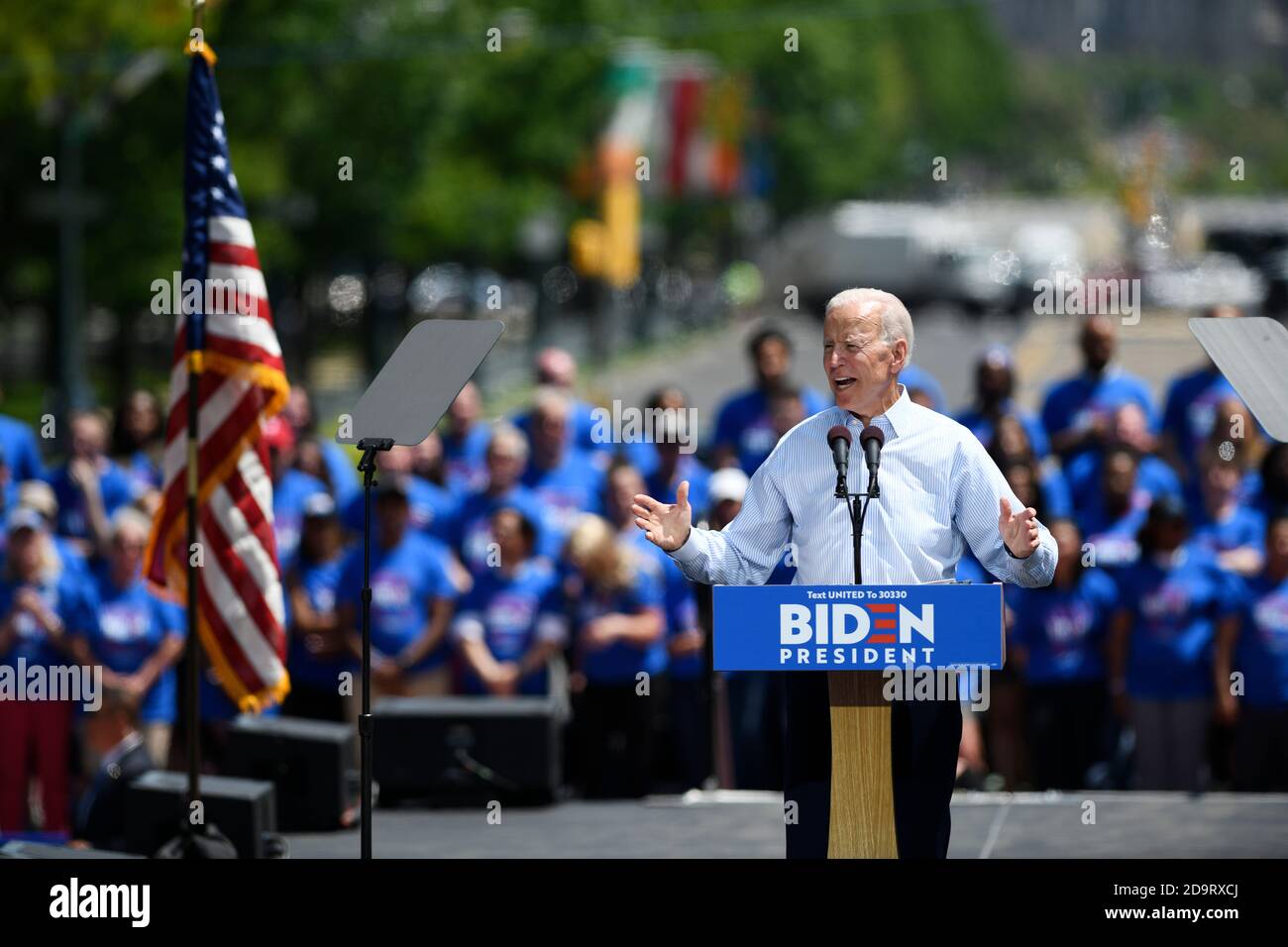 New York, États-Unis. Joe Biden devrait être le gagnant des élections de 2020. 7 novembre 2020. La photo du fichier prise le 18 mai 2019 montre l'ancien vice-président américain Joe Biden qui a pris la parole au cours d'un rallye de campagne à Philadelphie, aux États-Unis. Joe Biden devrait être le gagnant de l'élection de 2020, selon plusieurs médias américains le 7 novembre 2020. Credit: Liu Jie/Xinhua/Alay Live News Banque D'Images
