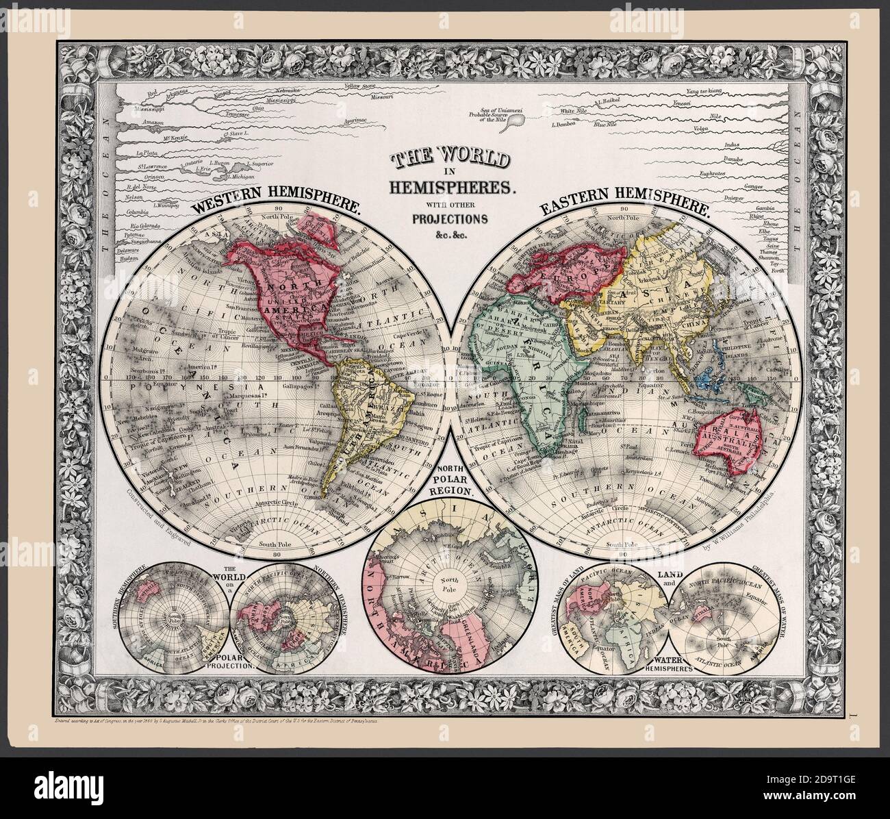 Le monde hémisphères de l'est et de l'Ouest. En 1863, une carte de l