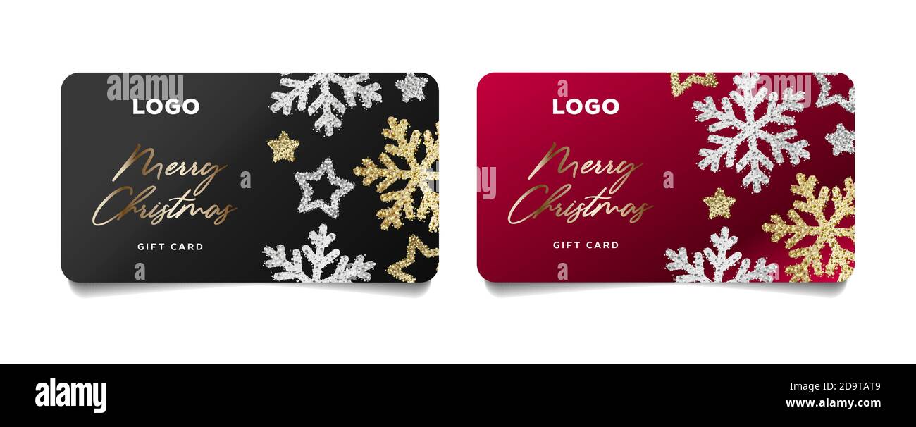 Ensemble de cartes de vœux pour Noël et le nouvel an avec illustration brillante des flocons de neige et des étoiles en or et en argent graphique stylisé Illustration de Vecteur