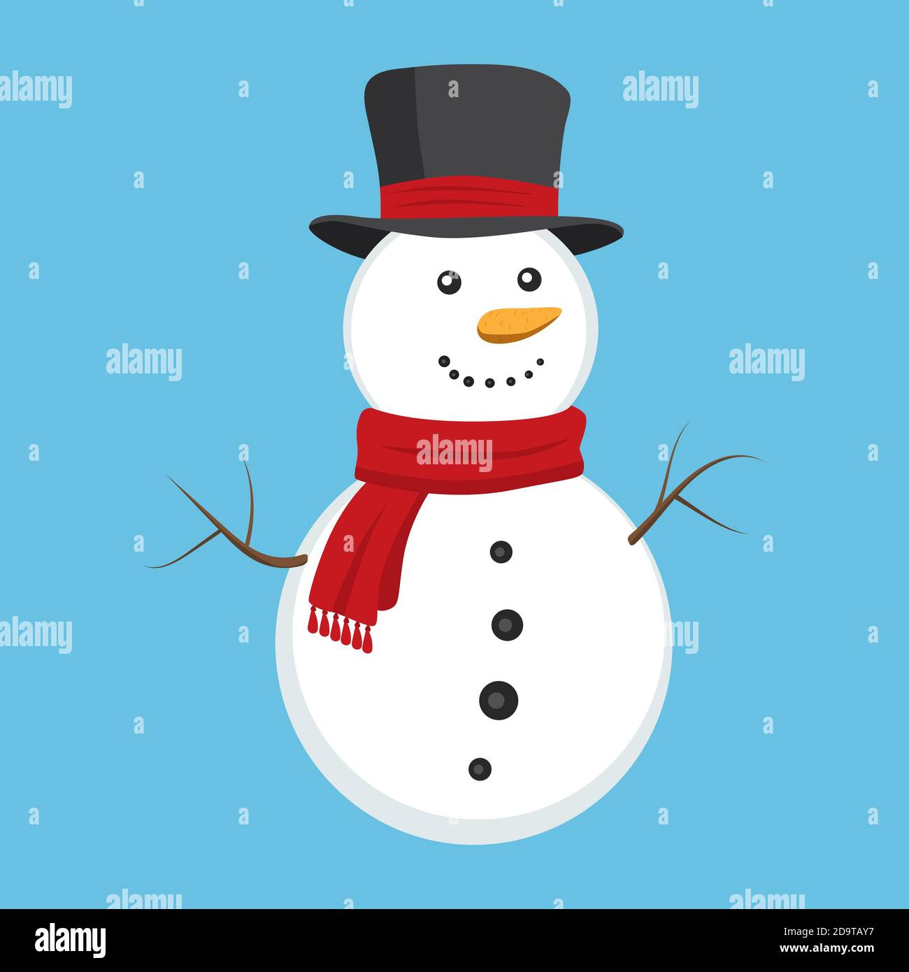 Bonhomme de neige mignon avec foulard rouge et chapeau cylindrique noir isolé sur fond bleu. Concept hiver et Noël. Illustration vectorielle plate Illustration de Vecteur