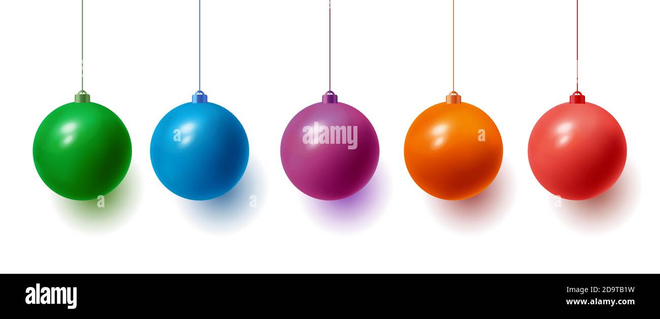 Jeu d'illustrations modernes de boules de Noël dans différentes couleurs vives pendre sur la corde Illustration de Vecteur
