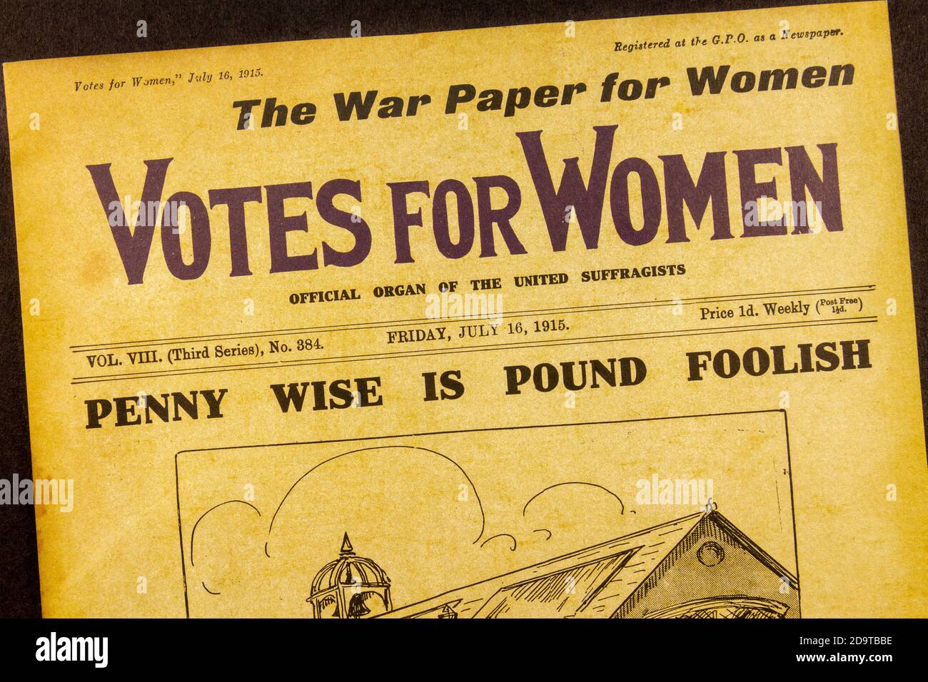 Page de couverture du magazine votes pour les femmes du 16 juillet 1915 : une réplique de souvenirs relatifs au mouvement des Suffragettes au Royaume-Uni. Banque D'Images