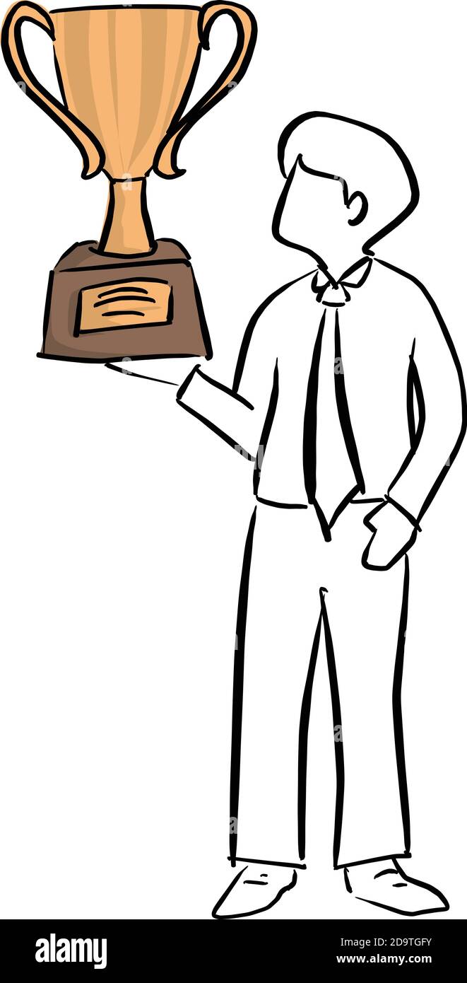 homme d'affaires tenant le grand or trophée vecteur illustration esquisse doodle main tracé avec des lignes noires isolées sur fond blanc Illustration de Vecteur