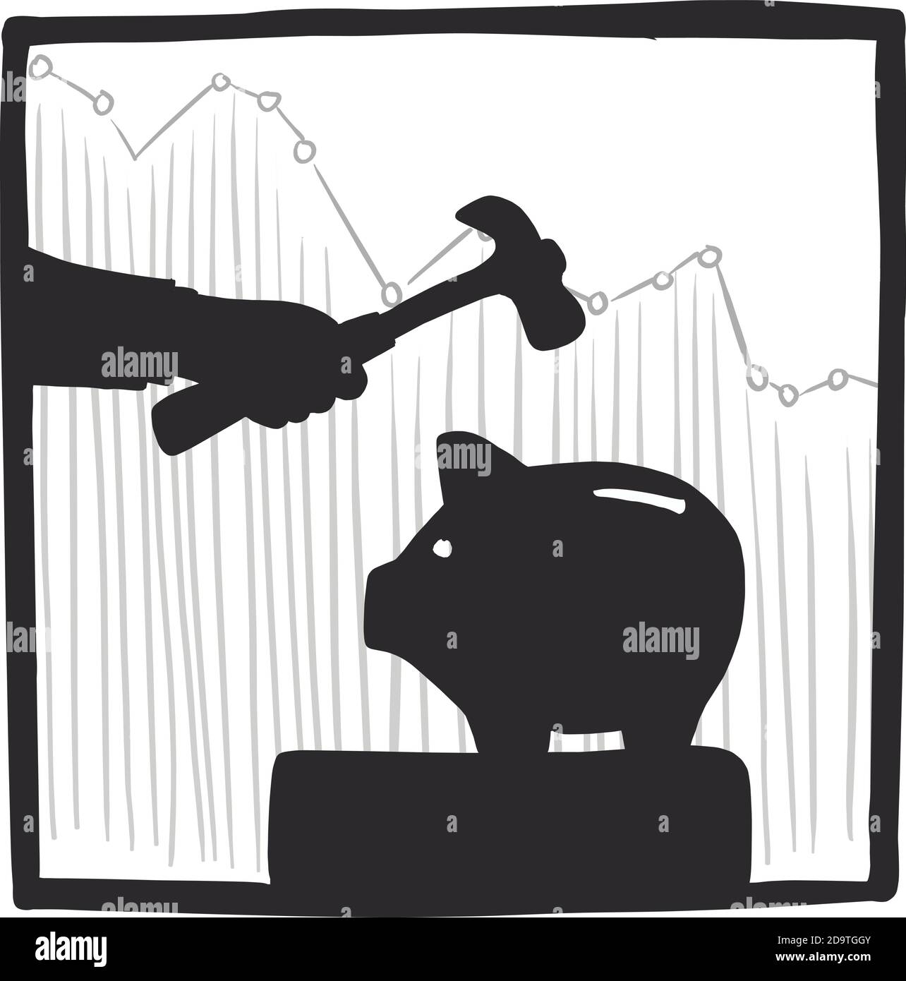 silhouette main d'homme d'affaires tenant un marteau pour briser la banque de piggy vecteur illustration esquisse doodle main dessiné isolé sur fond carré blanc. Unité commerciale Illustration de Vecteur
