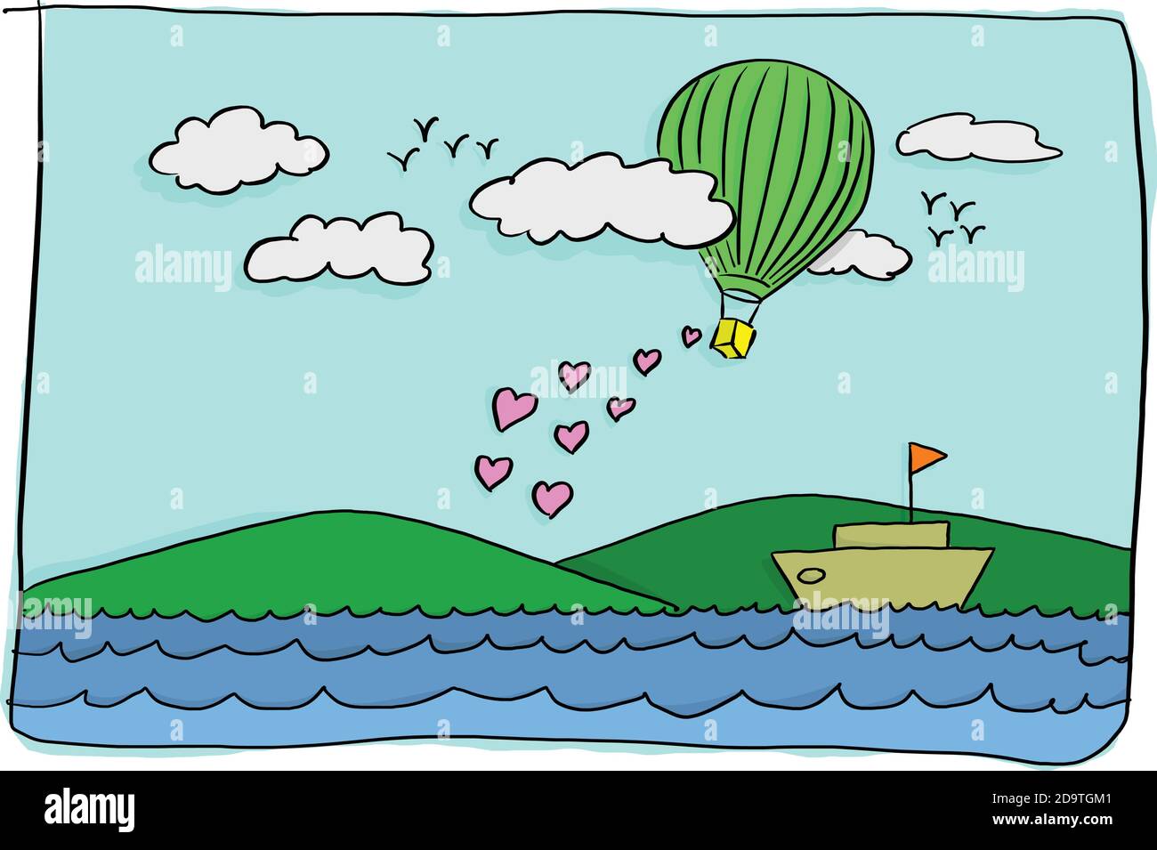 carte de saint-valentin douce de ballon d'air chaud vert survolant le bateau dans la mer avec coeur rose vecteur de forme l'illustration montre un dessin à la main avec du Illustration de Vecteur