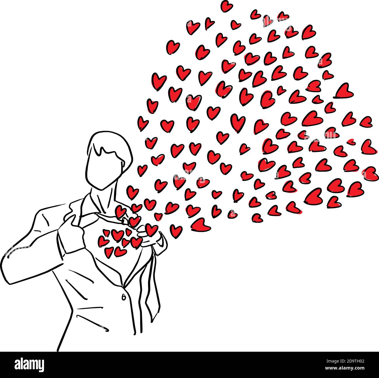 super-héros homme d'affaires larguer est hirt montrant beaucoup de forme de coeur rouge shign voler hors vecteur illustration esquisse doodle dessiné à la main avec lignes noires isol Illustration de Vecteur