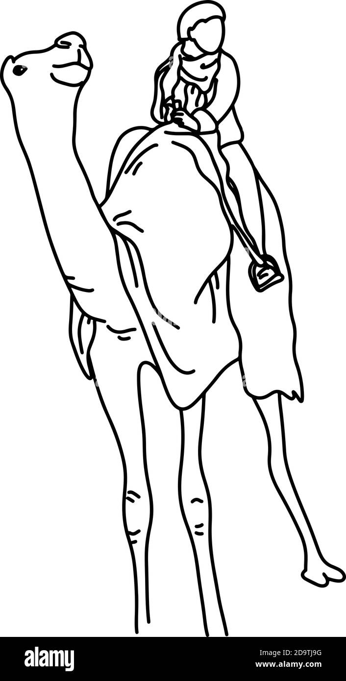 Bédouin ou touriste sur un scénario Camel dessin dessin Doodle tracé à la main avec des lignes noires isolées sur fond blanc Illustration de Vecteur