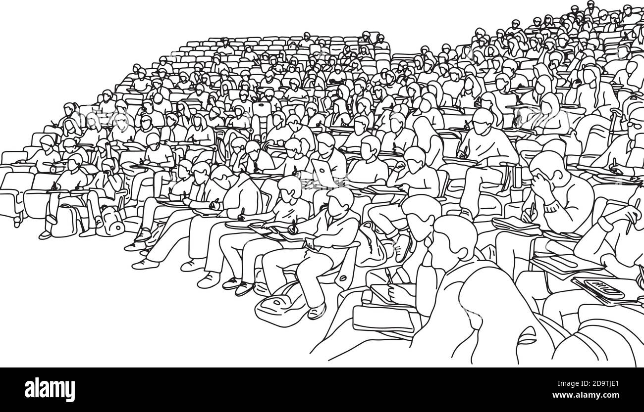 les étudiants de l'université étudient dans l'apprentissage de la pente salle vecteur illustration esquisse doodle dessiné à la main avec des lignes noires isolées sur fond blanc Illustration de Vecteur