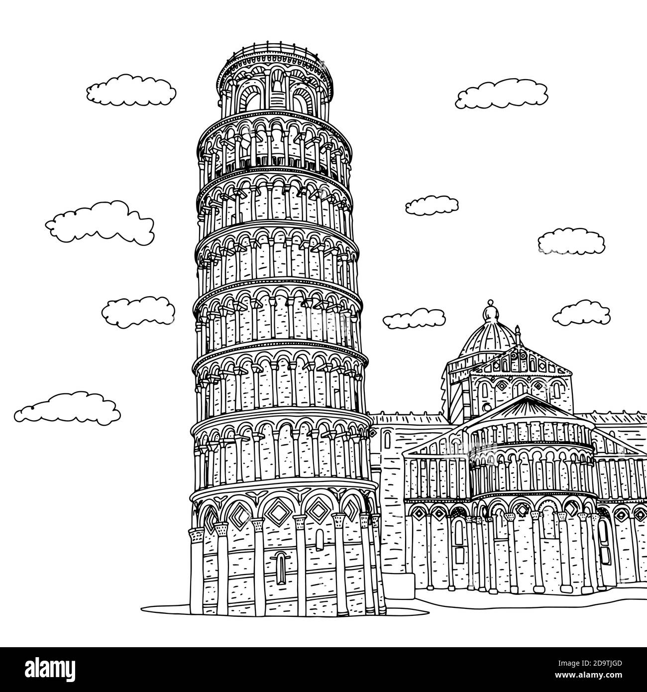 Les bâtiments carrés de Piza en Italie vecteur illustration esquisse de la main de doodle tracé avec des lignes noires isolées sur fond blanc Illustration de Vecteur