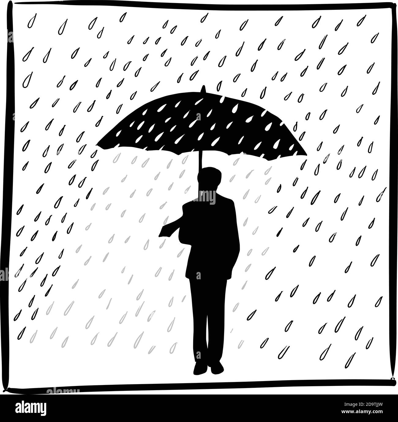 silhouette homme d'affaires tenant parapluie dans la pluie vecteur illustration esquisse doodle dessiné à la main isolé sur fond blanc cadre carré. Conce d'affaires Illustration de Vecteur