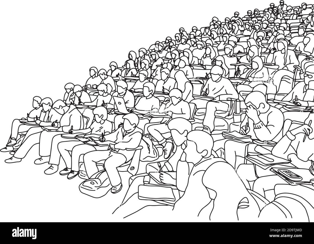 les étudiants de l'université étudient dans l'apprentissage de la pente salle vecteur illustration esquisse doodle dessiné à la main avec des lignes noires isolées sur fond blanc Illustration de Vecteur