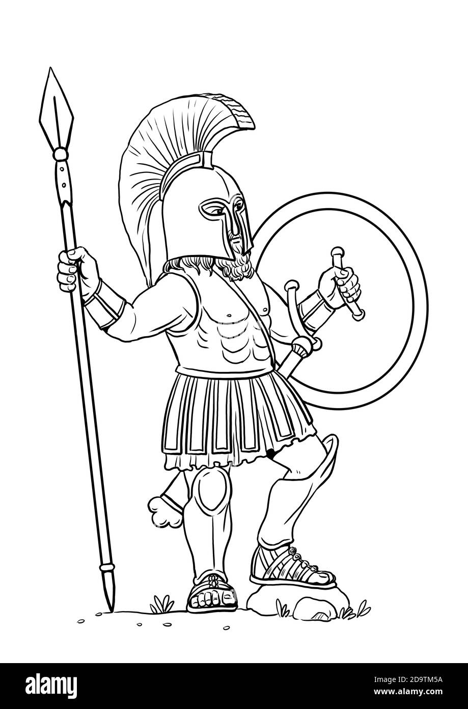 Hoplite grecque avec lance pour colorier. Modèle de coloriage pour les enfants. Banque D'Images