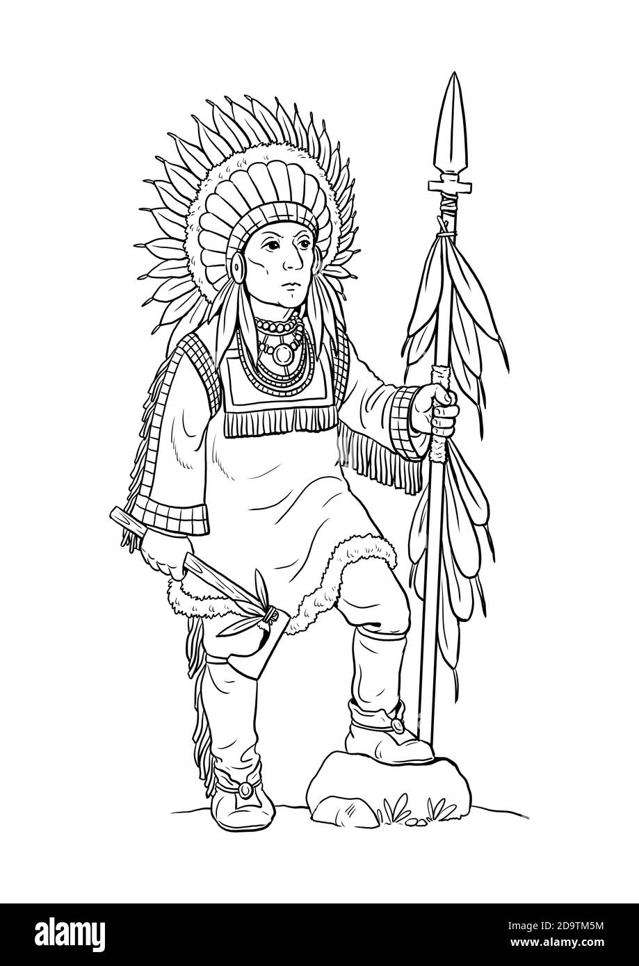 Chef indien avec tomahawk pour colorier. Modèle vectoriel pour les enfants. Banque D'Images