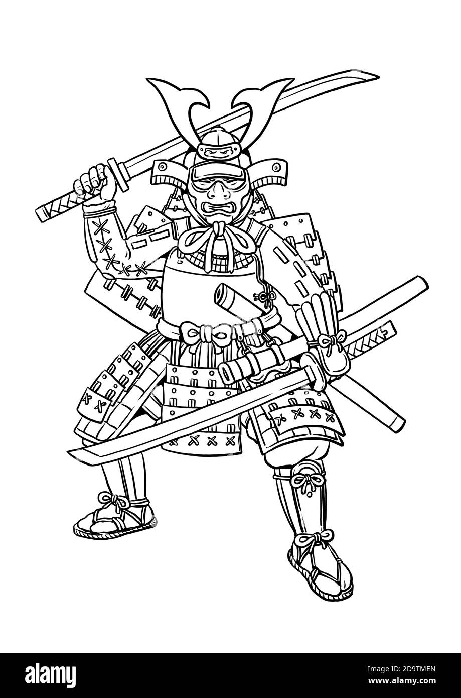 Samouraï avec une épée japonaise katana pour colorier. Modèle de coloriage pour les enfants. Banque D'Images