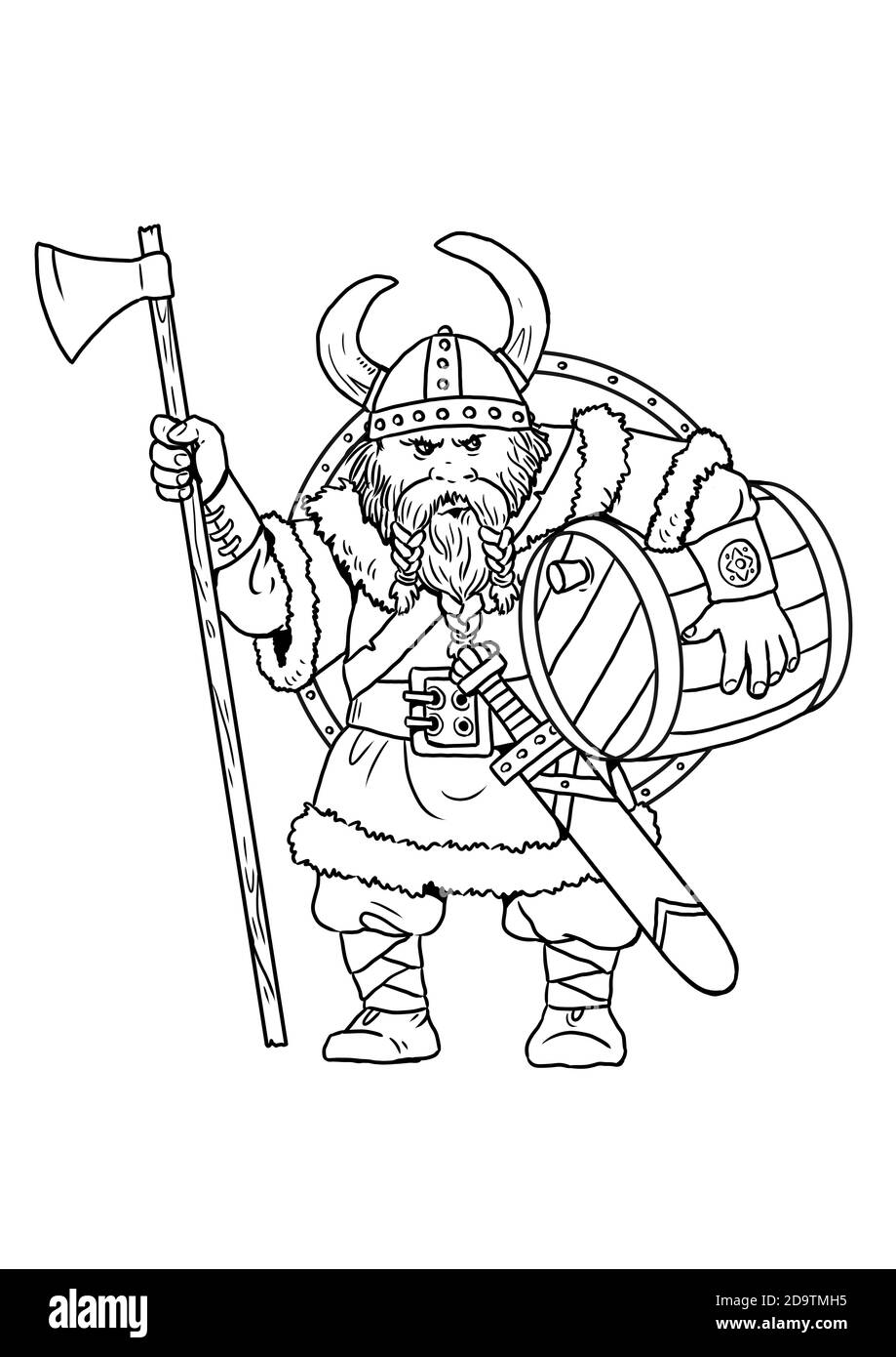 Viking avec hache pour colorier. Modèle de coloriage pour les enfants. Banque D'Images