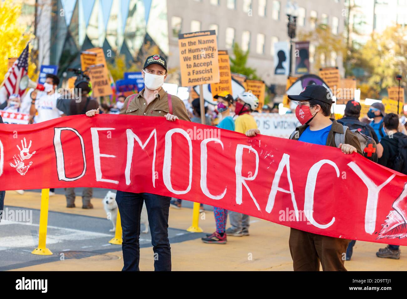Washington DC, Etats-Unis 11/06/2020: Un groupe de socialistes démocratiques portant des masques à poignée de main roses se bousculer près de la Maison Blanche pour célébrer la défaite de Banque D'Images