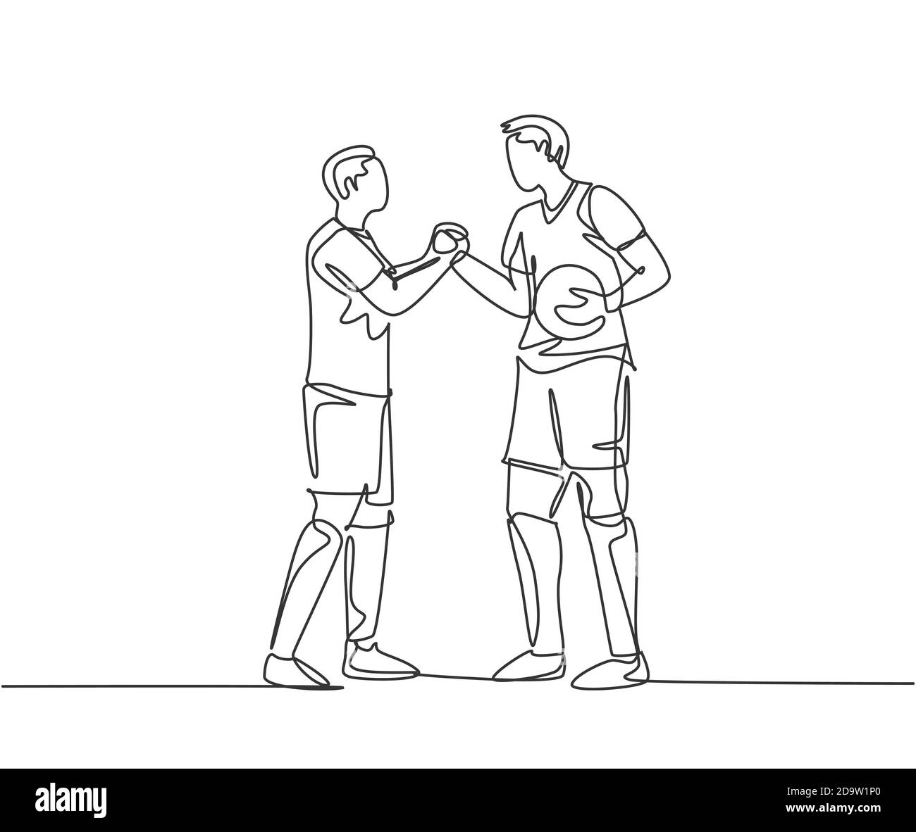 Le Dessin Continu De Deux Joueurs De Football Apporte Une Balle Et Une Poignee De Main Pour Montrer L Esprit Sportif Avant De Commencer Le Match Respect Dans Le Sport De Football Image