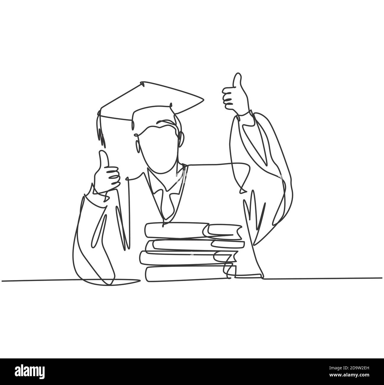 Un dessin de ligne de jeune heureux diplômé de l'université de sexe masculin porter l'uniforme de graduation et donner le pouce vers le haut mouvement à l'avant de la pile de livres Illustration de Vecteur