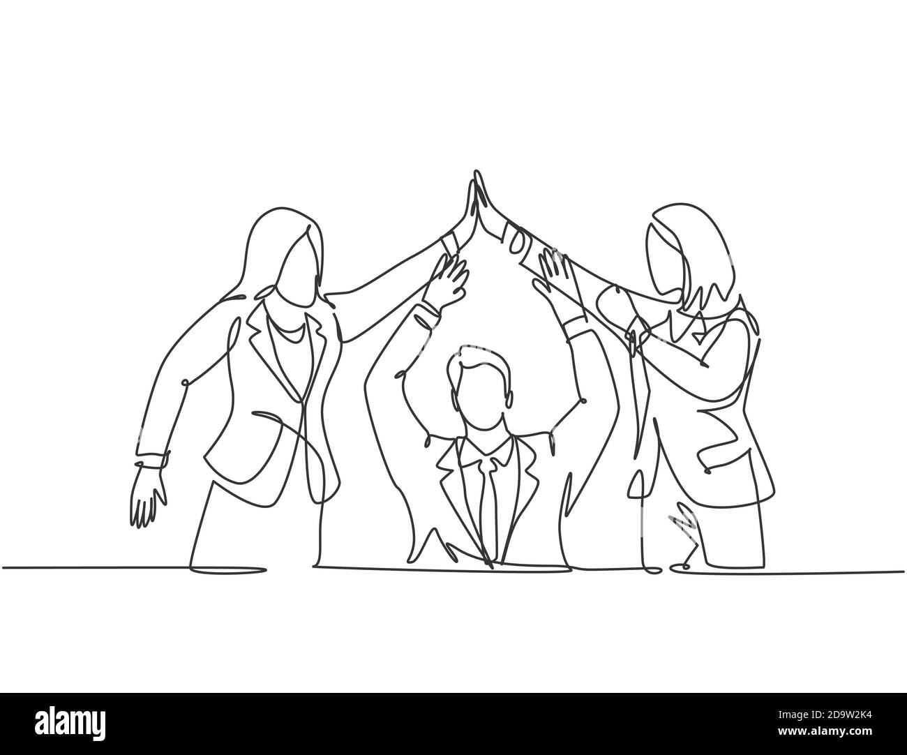 Un groupe de dessin de ligne de deux jeunes assistants qui célèbrent leur objectif successif par cinq gestes. Ligne continue de concept de Business Deal Illustration de Vecteur