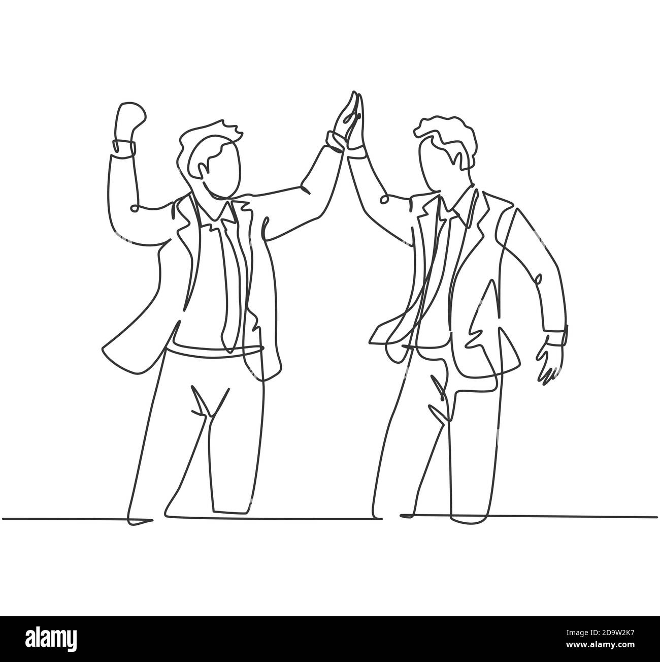 Un dessin de ligne de deux jeunes hommes d'affaires heureux célébrant leur objectif successif avec un haut cinq geste ensemble. Concept Business Deal Illustration de Vecteur