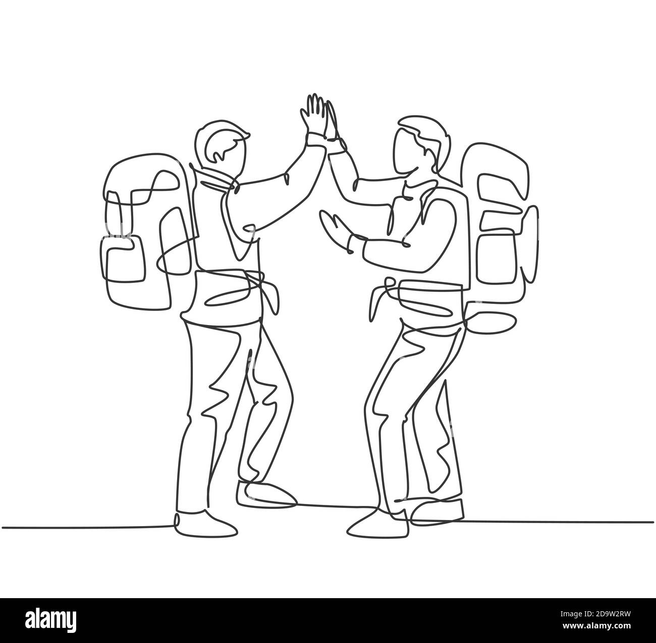 Une ligne dessin deux jeunes touristes heureux sac à dos de transport pour aller à des vacances et donne cinq haut geste. Concept de conduite en continu Backpacker Illustration de Vecteur