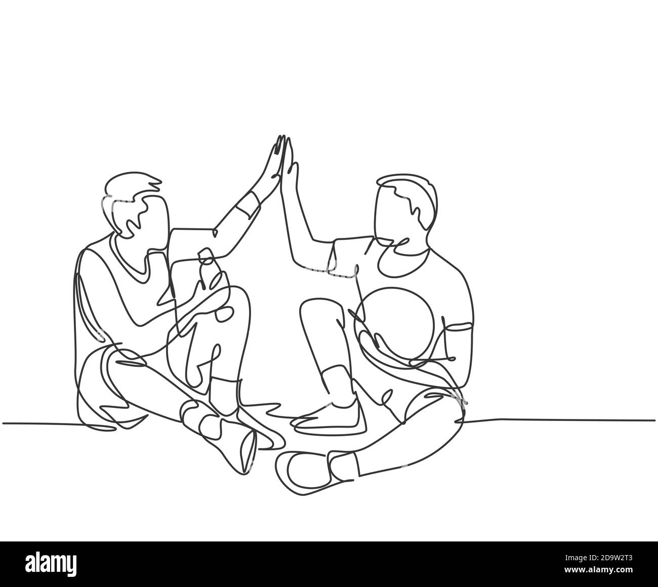 Le dessin d'une ligne de deux jeunes hommes heureux prend un repos après avoir joué au basket-ball sur le terrain et en donnant un haut cinq geste. Concept de jeu sportif Illustration de Vecteur
