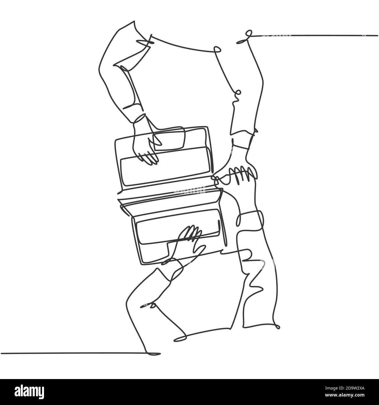Un dessin de ligne de deux jeunes partenaires d'affaires heureux donnant haut cinq geste au-dessus de leur ordinateur portable et contrat d'affaires. Concept Business Deal Illustration de Vecteur