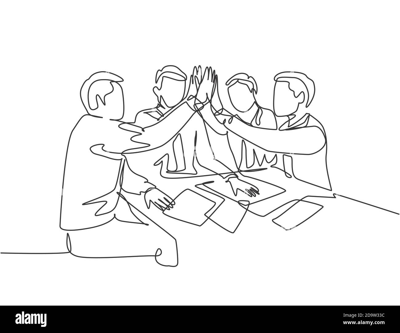 Une ligne de dessin de jeunes hommes d'affaires et femmes d'affaires célébrant leur objectif successif lors de la réunion d'affaires avec un haut cinq gestes Illustration de Vecteur Une ligne de dessin de jeunes hommes d'affaires et femmes d'affaires célébrant leur objectif successif lors de la réunion d'affaires avec un haut cinq gestes Illustration de Vecteur