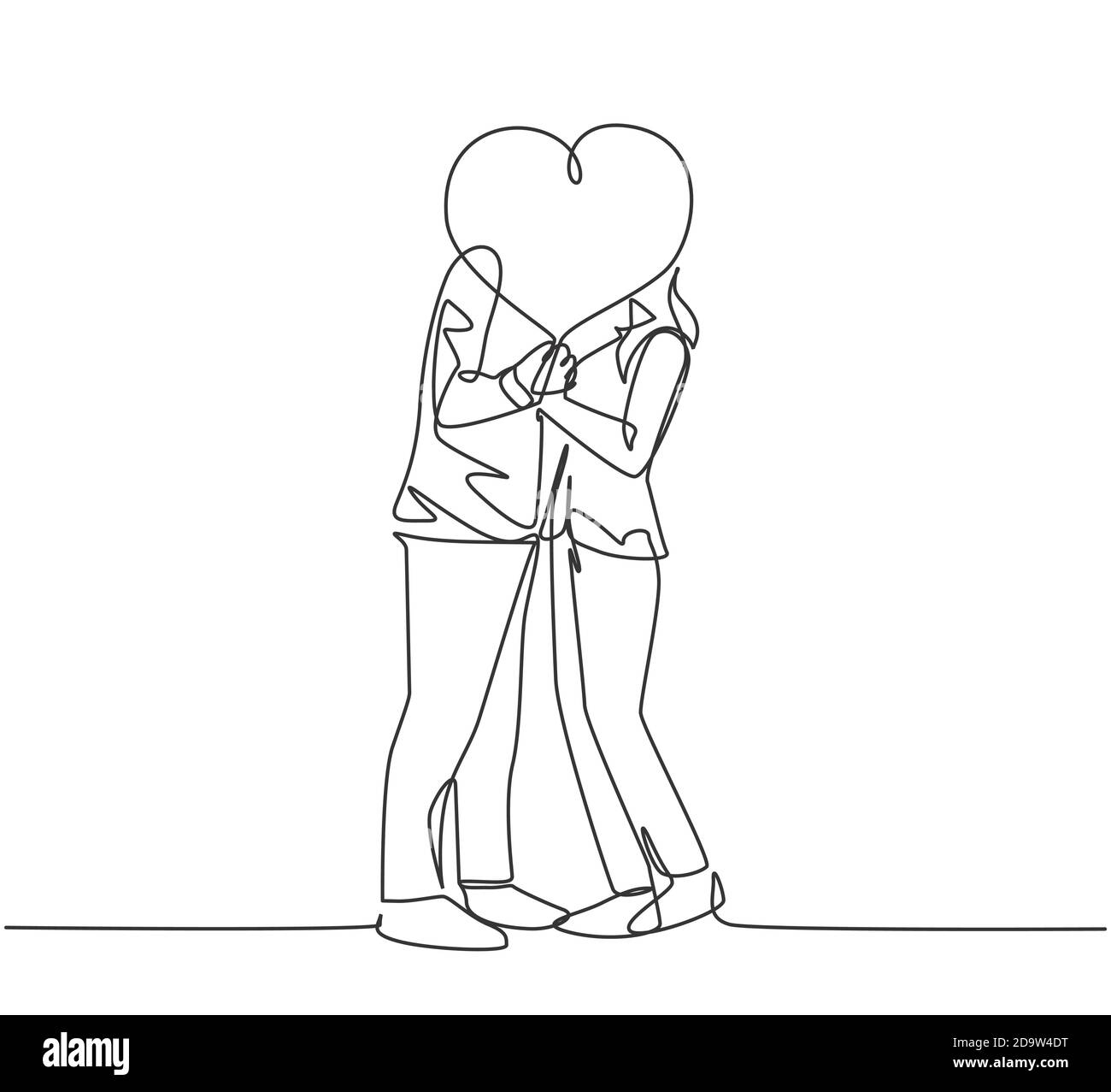 Dessin Homme Et Femme Amoureux Un seul dessin de ligne de jeune heureux couple homme et femme embrassant  et couvert par le ballon en forme de coeur célébrant leur mariage. Amour  romantique Image Vectorielle Stock - Alamy